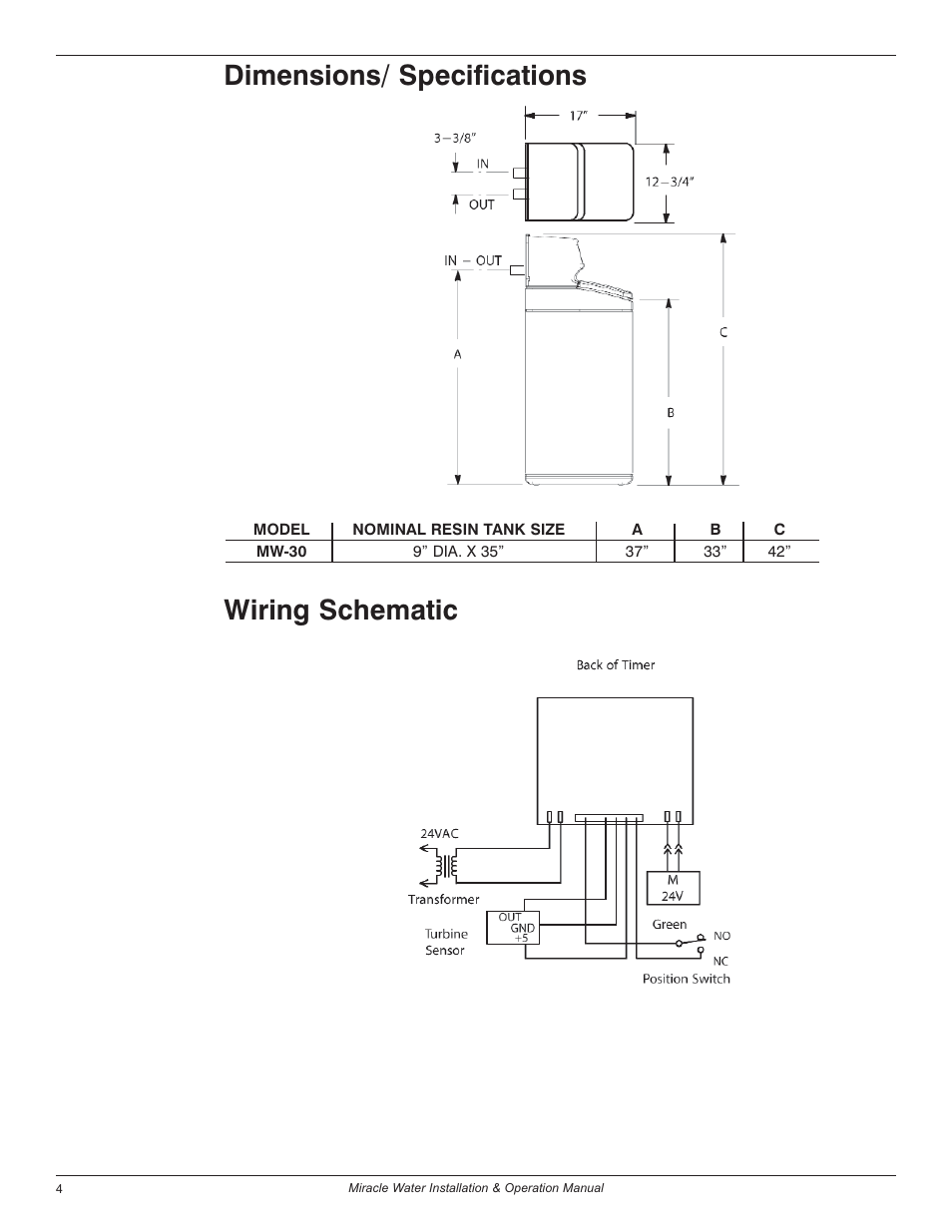 Dimensions/ specifications, Wiring schematic | EcoPure MW_MW30_450224 User Manual | Page 4 / 30