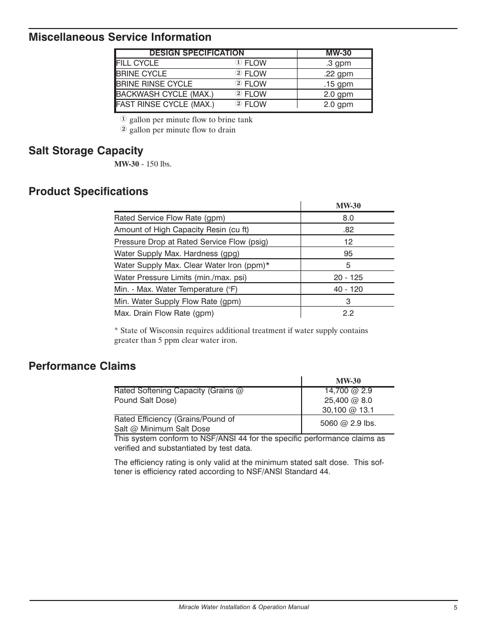 Miscellaneous service information, Salt storage capacity, Product specifications | Performance claims | EcoPure MW_MW30_450224 User Manual | Page 5 / 30