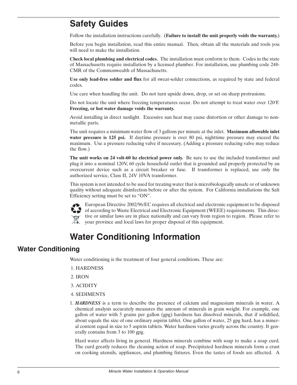 Safety guides, Water conditioning information, Water conditioning | EcoPure MW_MW30_450224 User Manual | Page 6 / 30