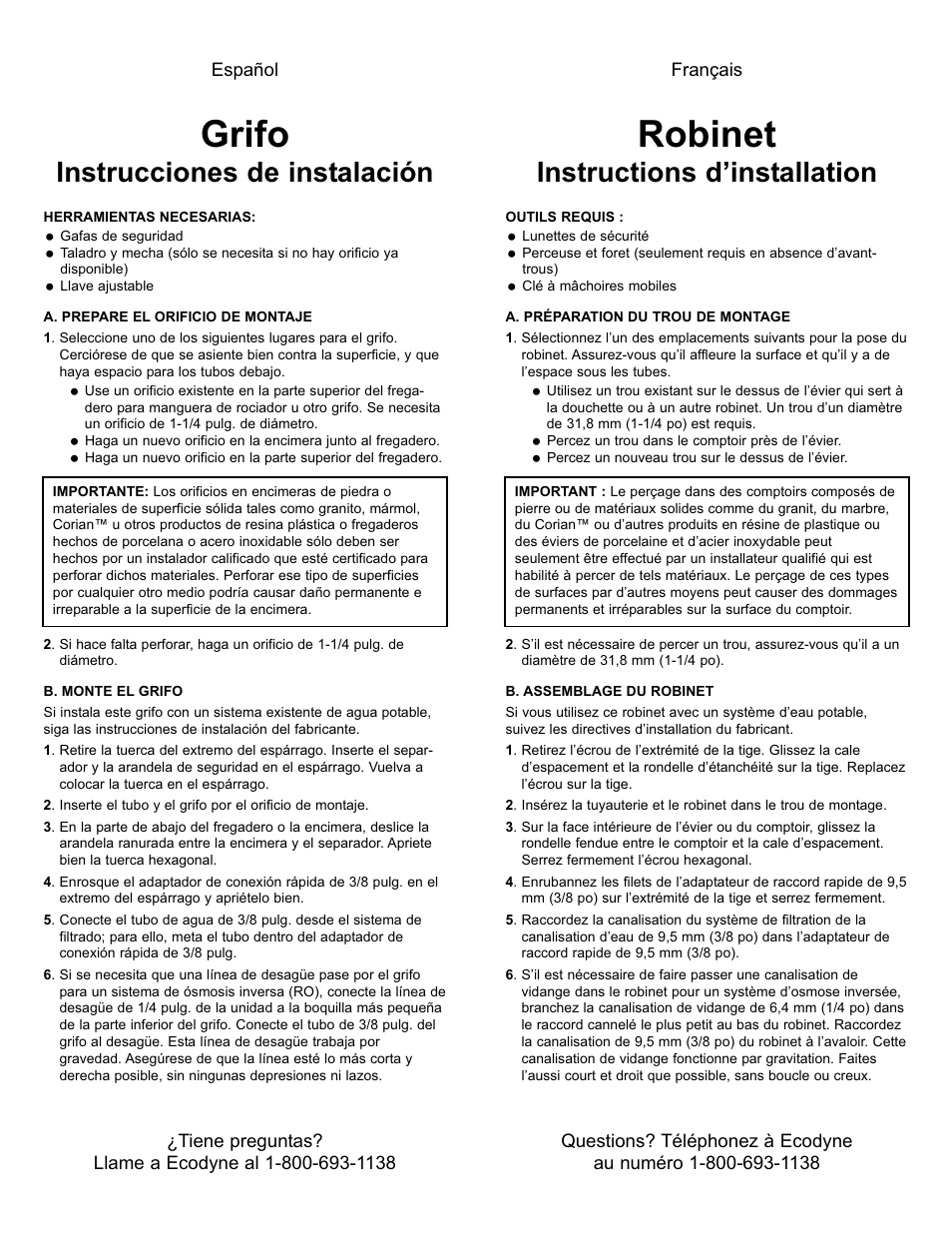 Grifo, Robinet, Instrucciones de instalación | Instructions d’installation | EcoPure Faucet User Manual | Page 2 / 2