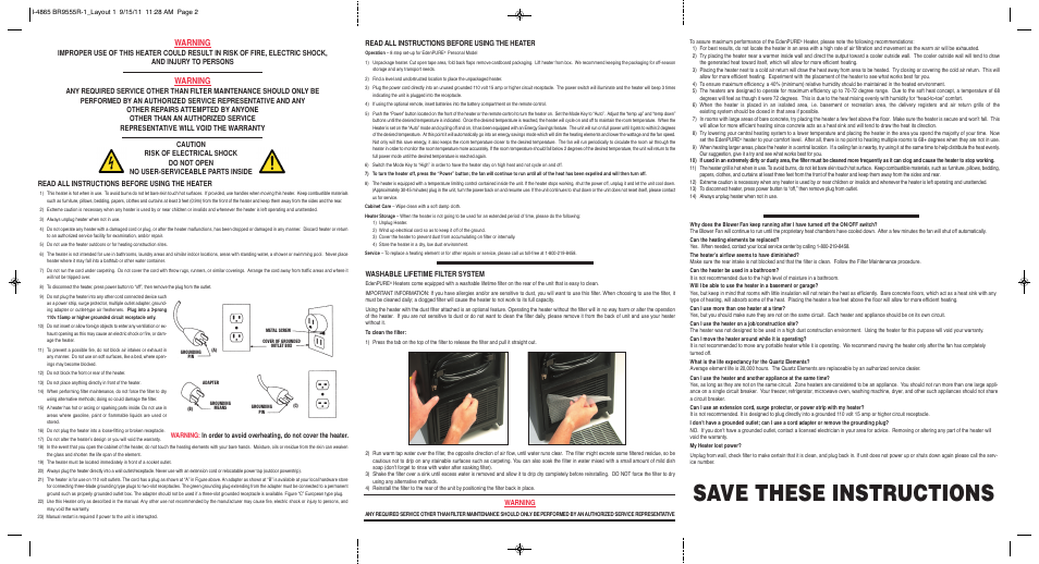 Save these instructions, Warning, Read all instructions before using the heater | EdenPURE Personal Heater User Manual | Page 2 / 2