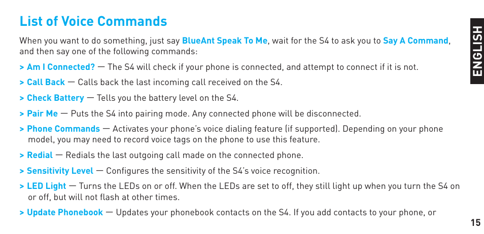 List of voice commands, En g li sh | BlueAnt S4 User Manual | Page 15 / 40