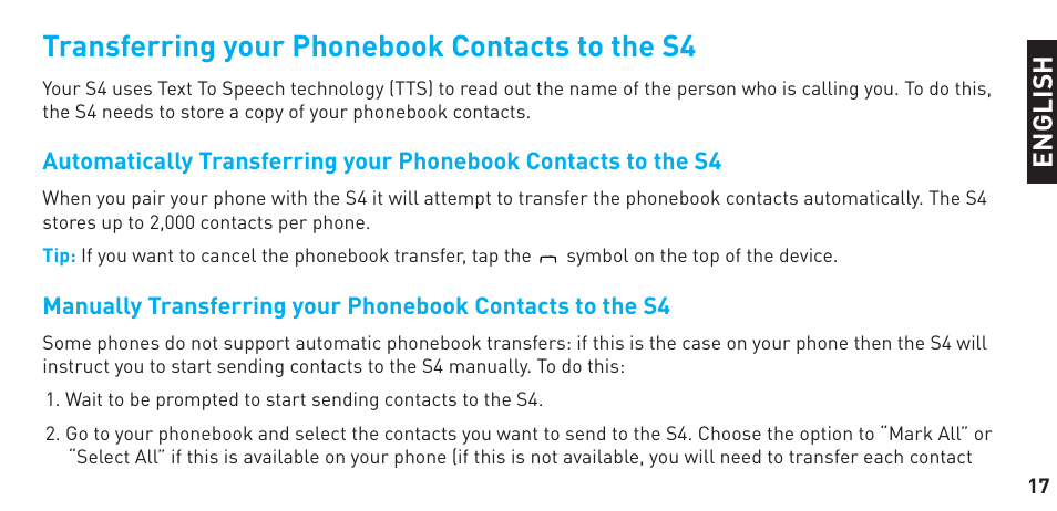 Transferring your phonebook contacts to the s4 | BlueAnt S4 User Manual | Page 17 / 40