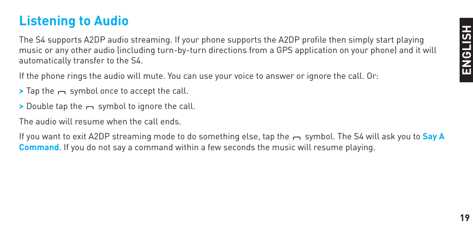 Listening to audio, En g li sh | BlueAnt S4 User Manual | Page 19 / 40