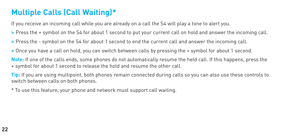 Multiple calls (call waiting) | BlueAnt S4 User Manual | Page 22 / 40