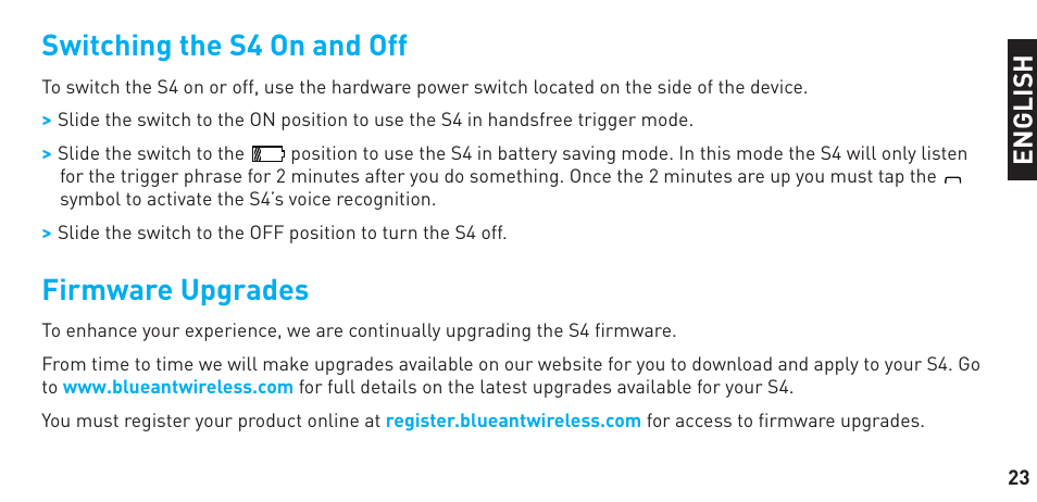 Switching the s4 on and off, Firmware upgrades | BlueAnt S4 User Manual | Page 23 / 40