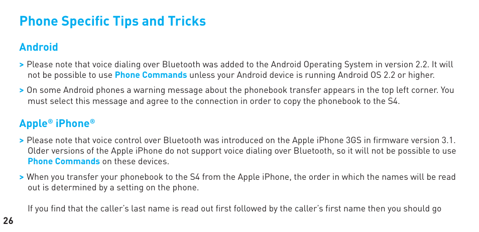 Phone speciﬁ c tips and tricks | BlueAnt S4 User Manual | Page 26 / 40