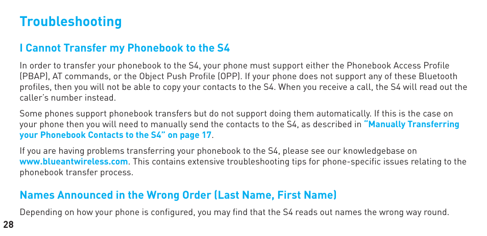 Troubleshooting | BlueAnt S4 User Manual | Page 28 / 40