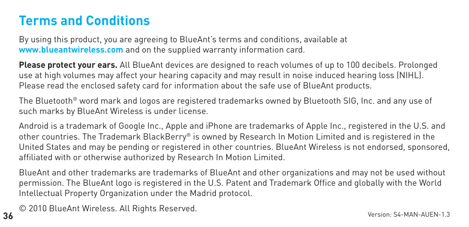 Terms and conditions | BlueAnt S4 User Manual | Page 36 / 40