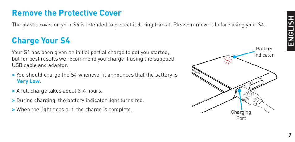 Remove the protective cover, Charge your s4, En g li sh | BlueAnt S4 User Manual | Page 7 / 40