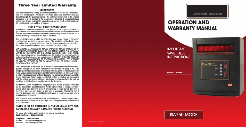 EdenPURE 750 Model User Manual | 2 pages