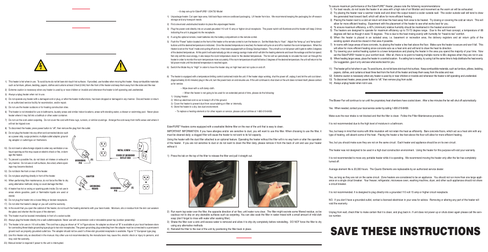 Save these instructions, Warning, Read all instructions before using the heater | EdenPURE 750 Model User Manual | Page 2 / 2