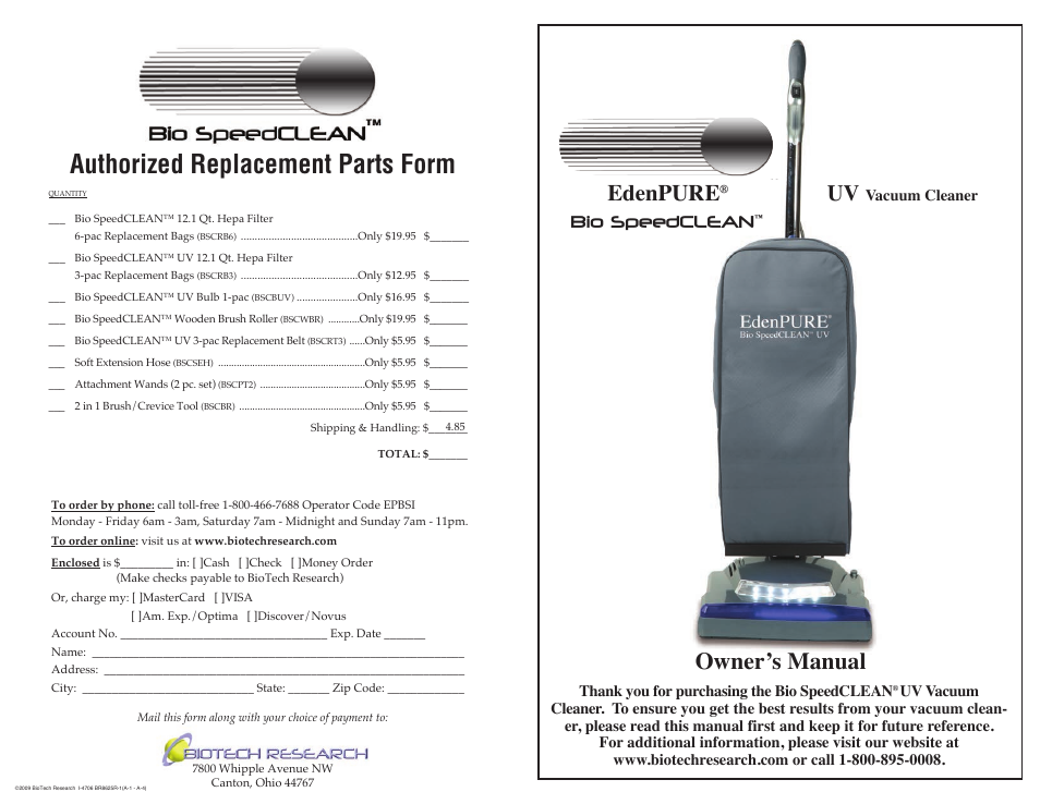 EdenPURE Bio SpeedCLEAN User Manual | 8 pages