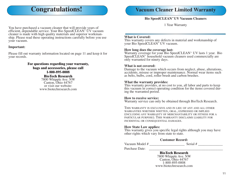 Vacuum cleaner limited warranty | EdenPURE Bio SpeedCLEAN User Manual | Page 2 / 8