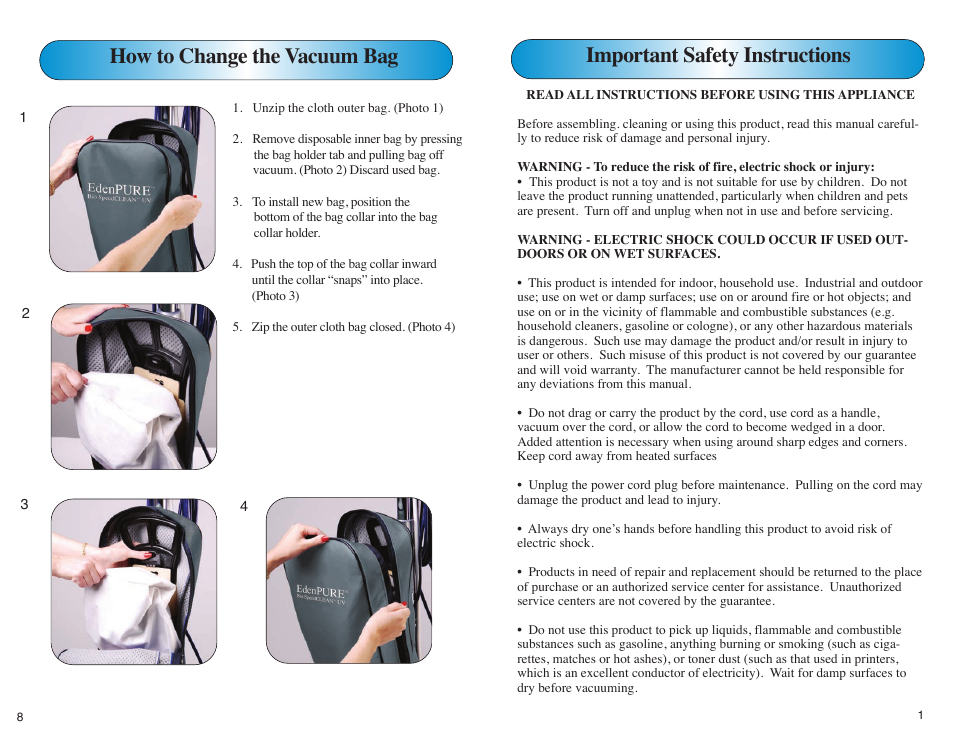 Important safety instructions, How to change the vacuum bag | EdenPURE Bio SpeedCLEAN User Manual | Page 5 / 8