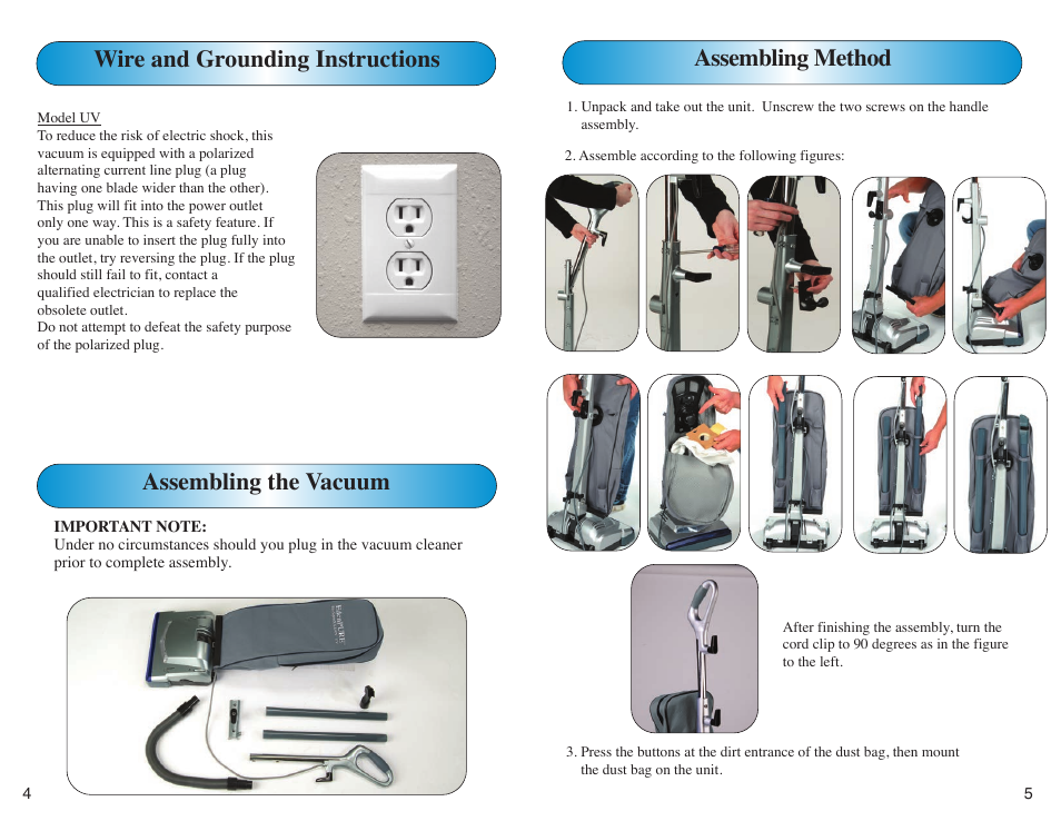 Wire and grounding instructions, Assembling the vacuum, Assembling method | EdenPURE Bio SpeedCLEAN User Manual | Page 8 / 8