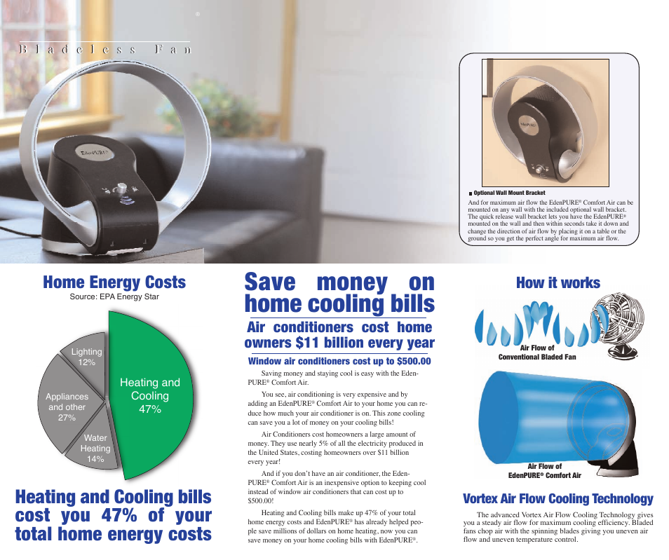Edenpure, Save money on home cooling bills, Save money on your cooling bills | Home energy costs, How it works, Vortex air flow cooling technology | EdenPURE Comfort Air User Manual | Page 2 / 2