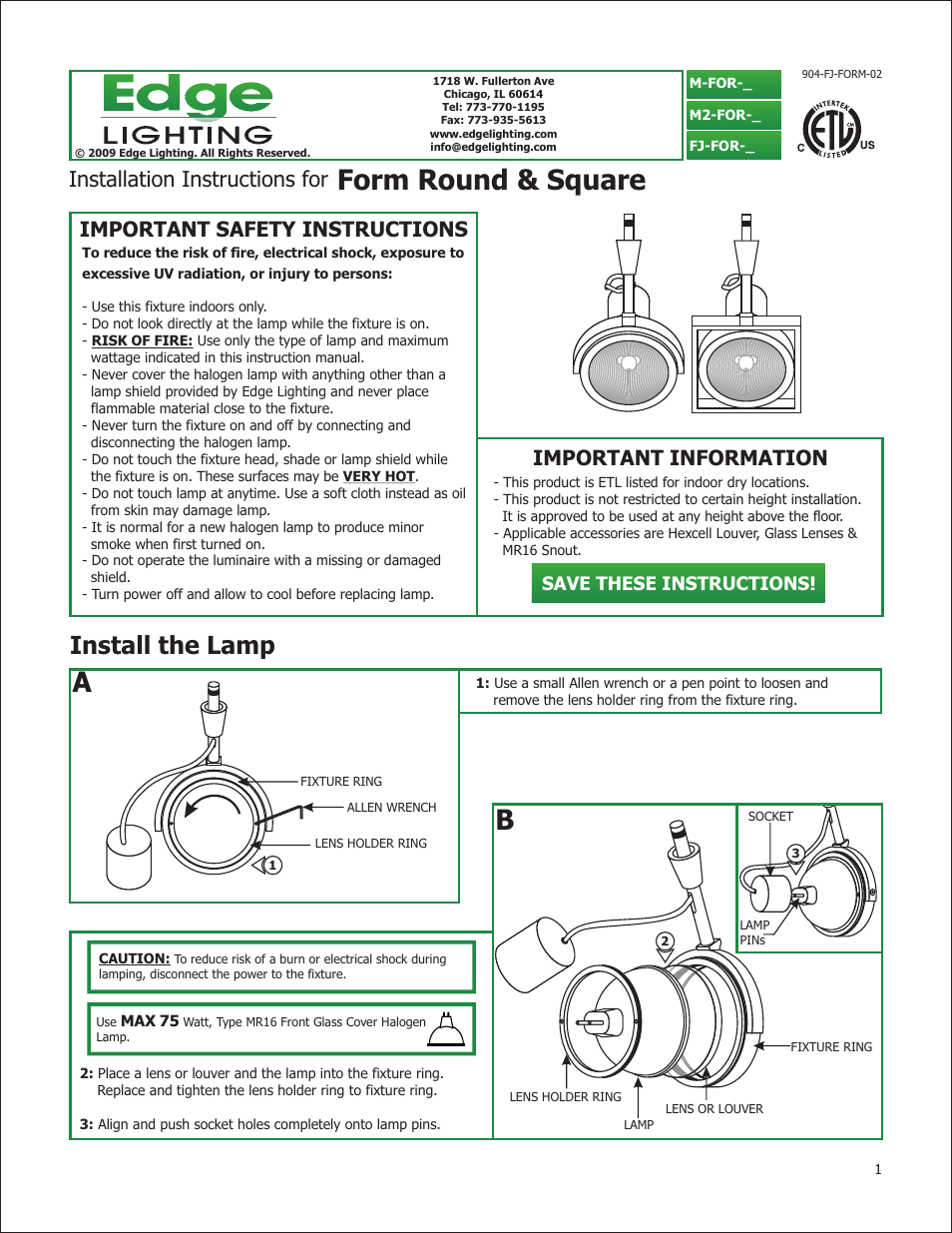 Edge Lighting Form Round & Square MR16 User Manual | 2 pages