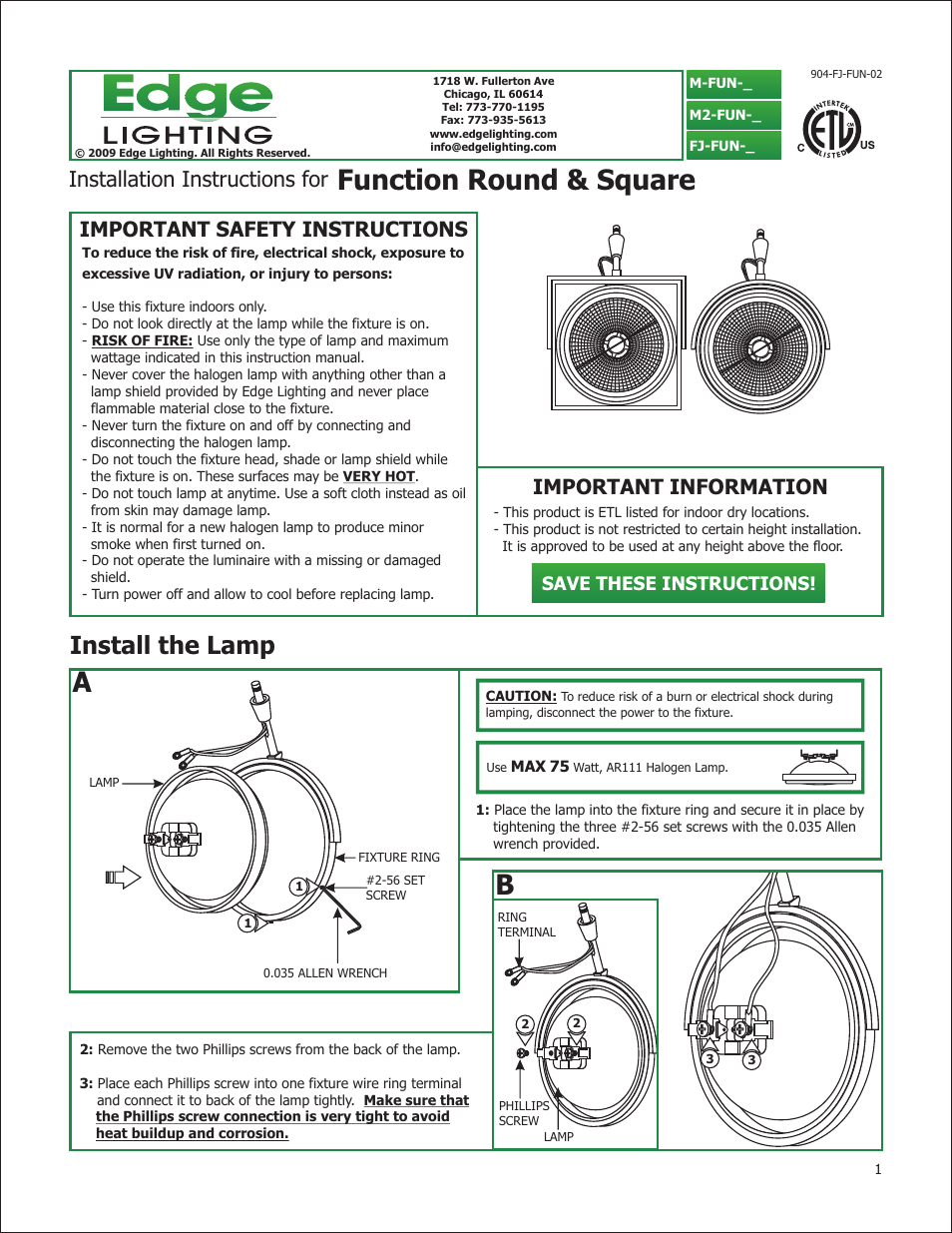 Edge Lighting Function Round & Square MR16 User Manual | 2 pages