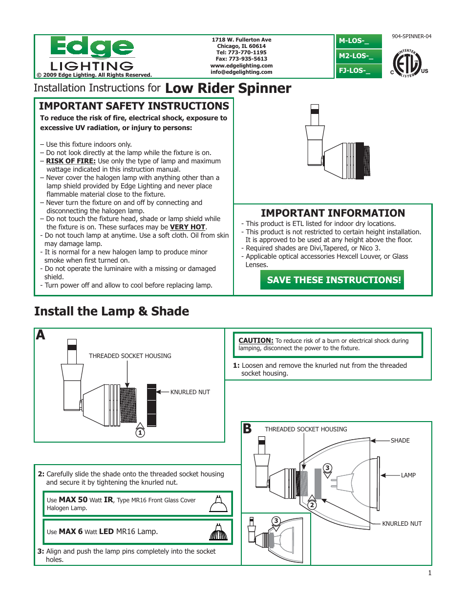 Edge Lighting Low Rider Spinner User Manual | 2 pages