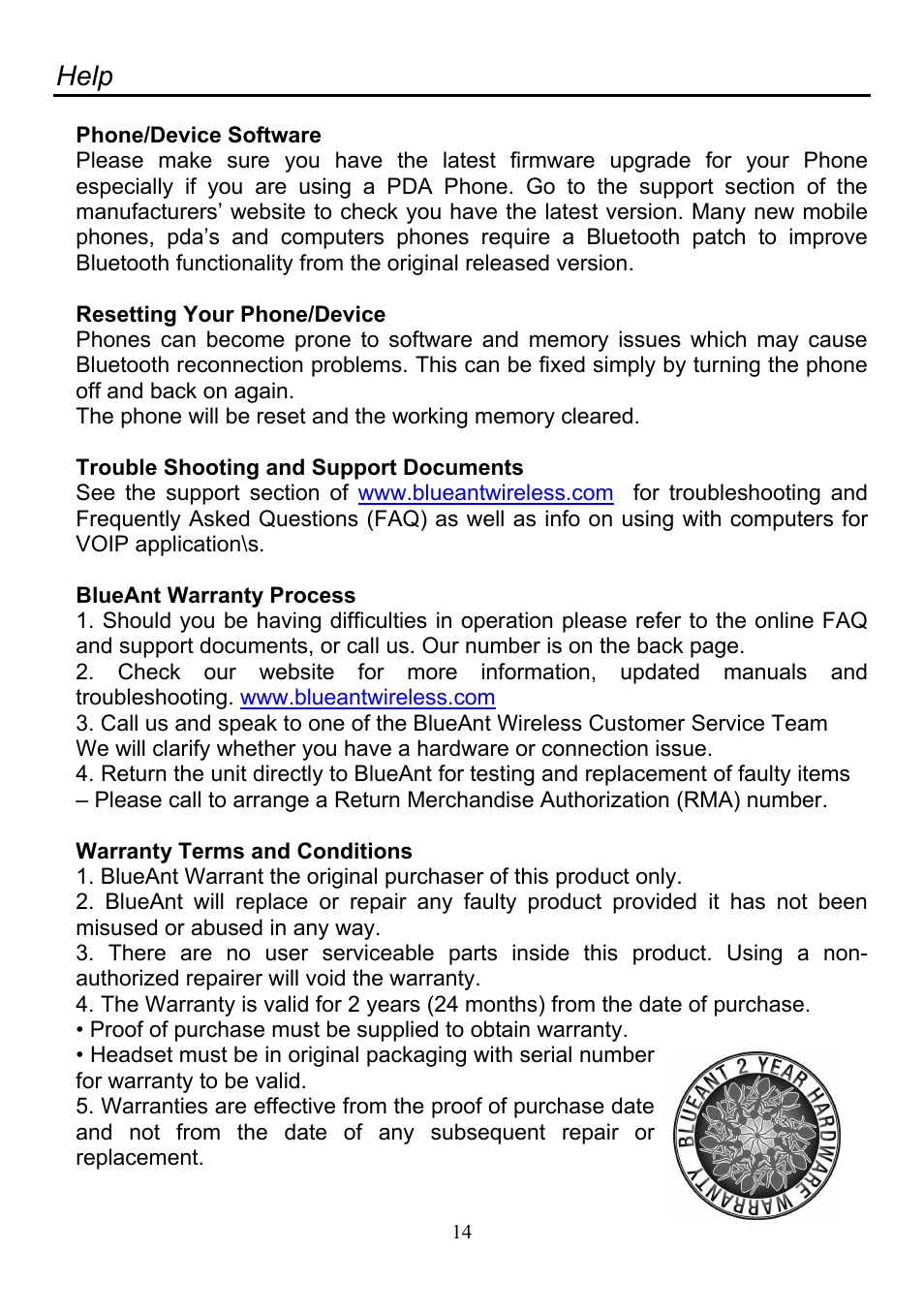 Help | BlueAnt Interphone User Manual | Page 15 / 17