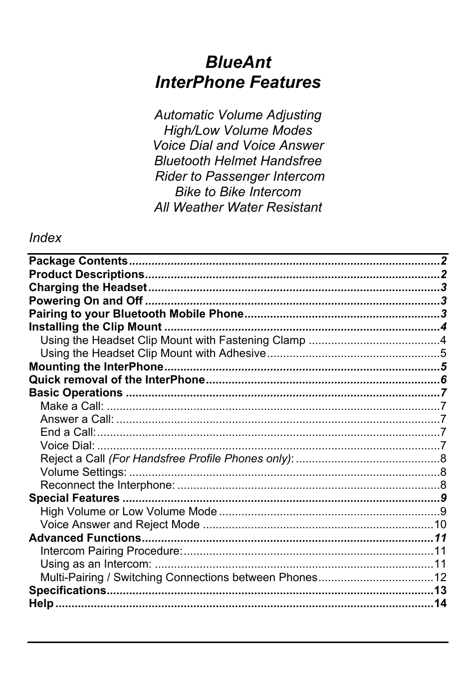 Blueant interphone features | BlueAnt Interphone User Manual | Page 2 / 17