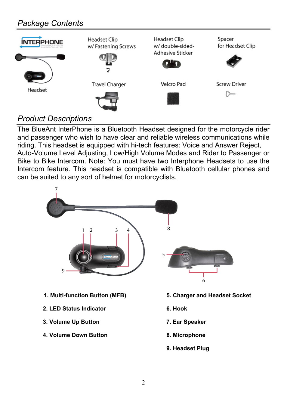 Package contents product descriptions, Package contents, Product descriptions | BlueAnt Interphone User Manual | Page 3 / 17