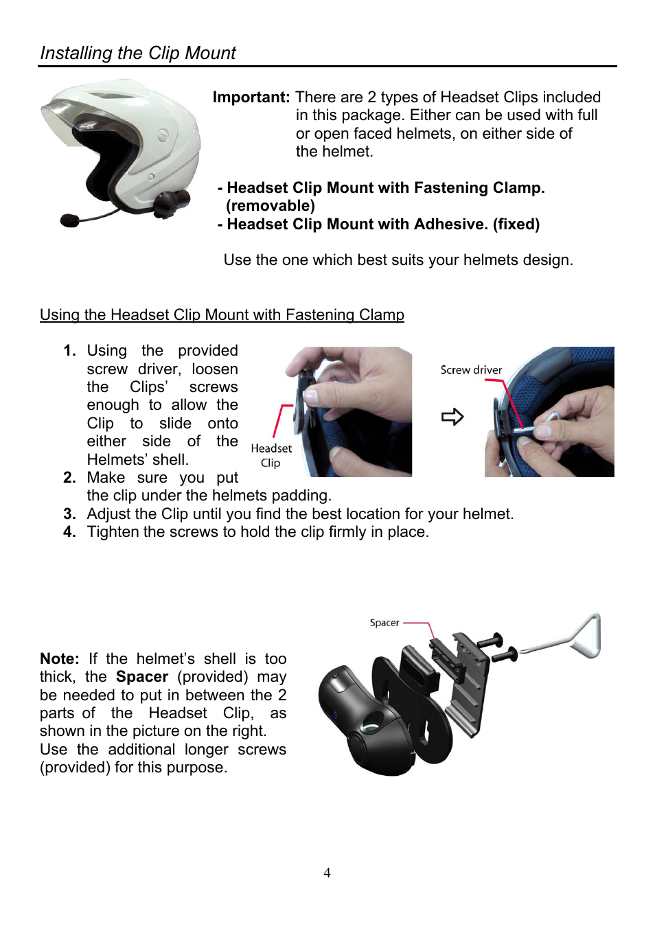 Installing the clip mount, Using the headset clip mount with fastening clamp | BlueAnt Interphone User Manual | Page 5 / 17