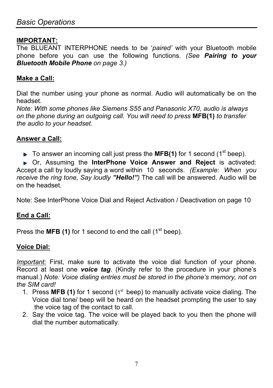 Basic operations, Make a call: answer a call: end a call: voice dial | BlueAnt Interphone User Manual | Page 8 / 17