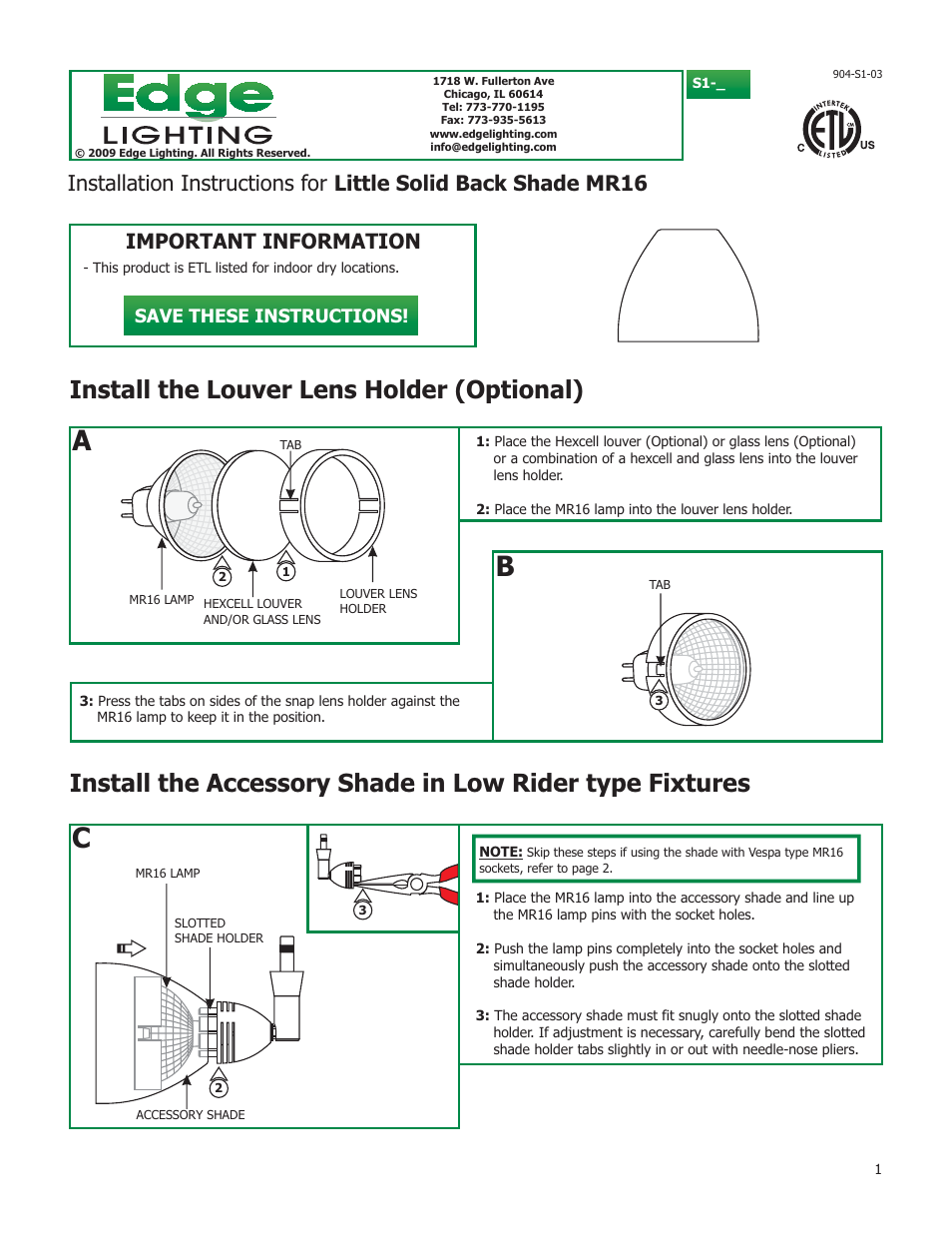 Edge Lighting S1 - S3 Shade Accessories User Manual | 2 pages