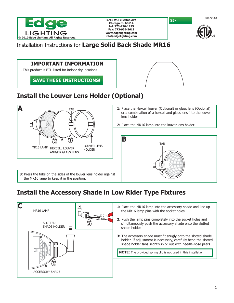 Edge Lighting S5 - S7 Shade Accessories User Manual | 1 page