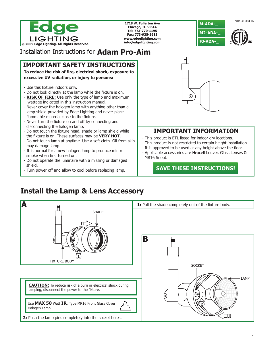 Edge Lighting Adam Pro Aim MR16 User Manual | 4 pages