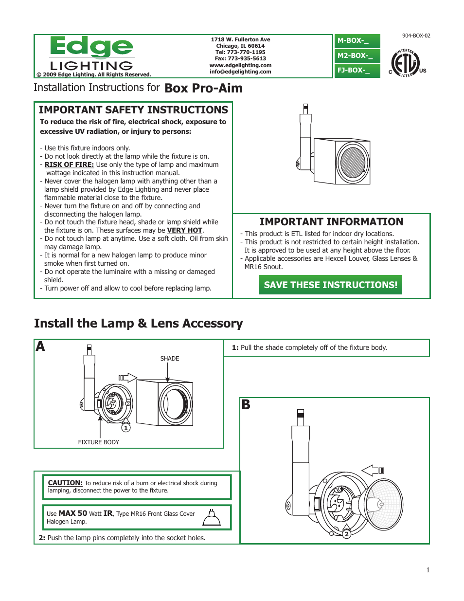 Edge Lighting Box Pro Aim MR16 User Manual | 4 pages