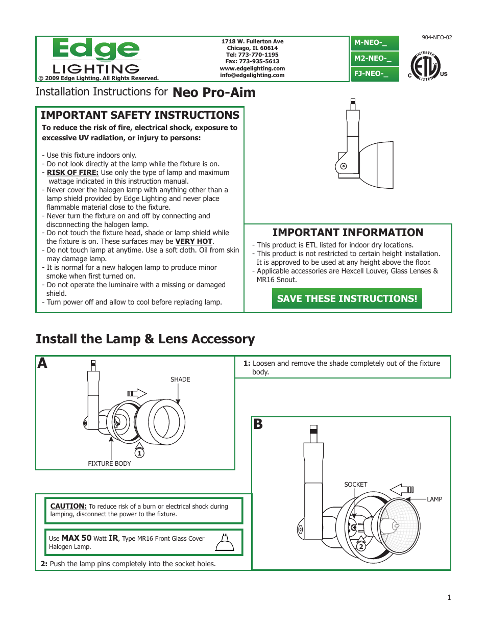 Edge Lighting Neo Pro Aim MR16 User Manual | 4 pages