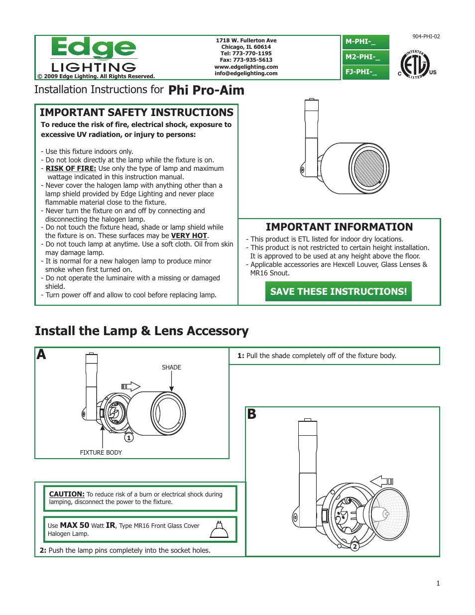 Edge Lighting Phi Pro Aim MR16 User Manual | 4 pages