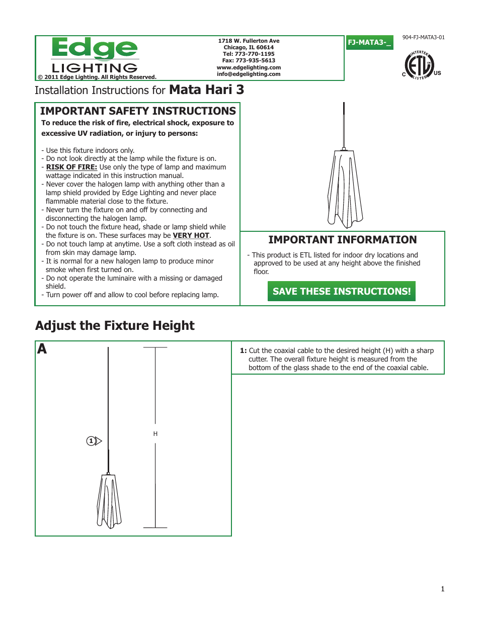 Edge Lighting Mata Hari 3 User Manual | 3 pages