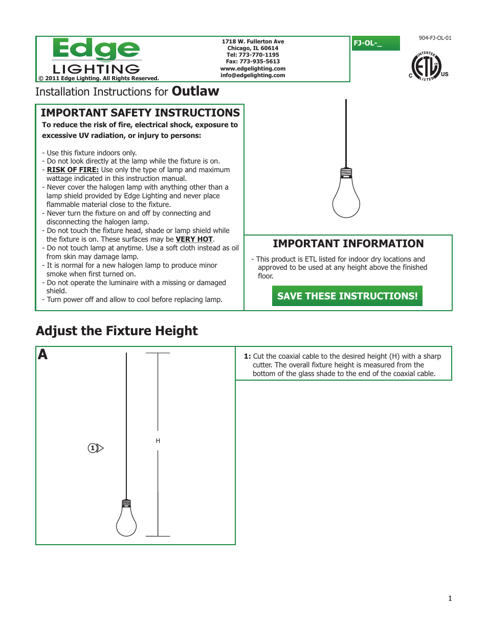Edge Lighting Outlaw User Manual | 4 pages