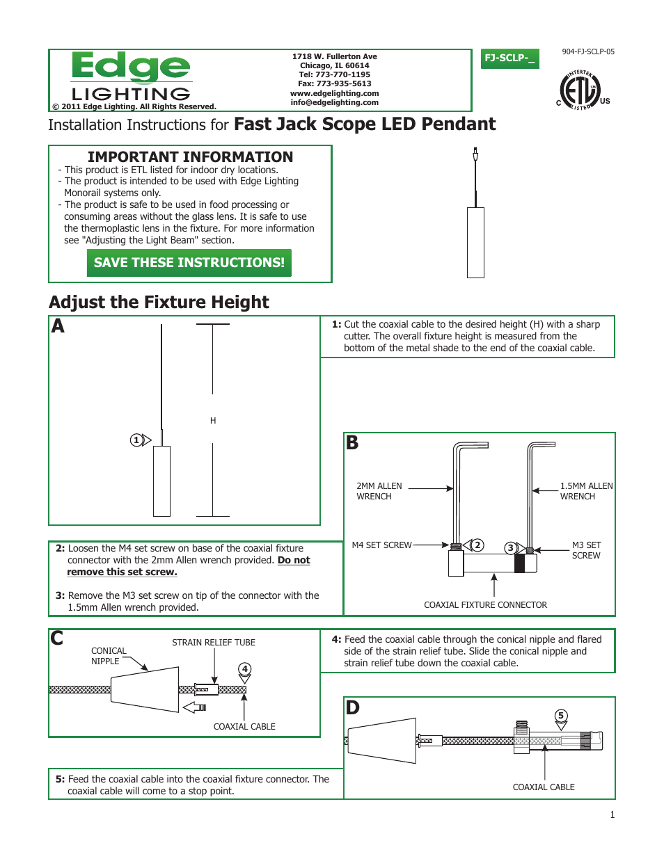 Edge Lighting Scope LED Pendant User Manual | 3 pages