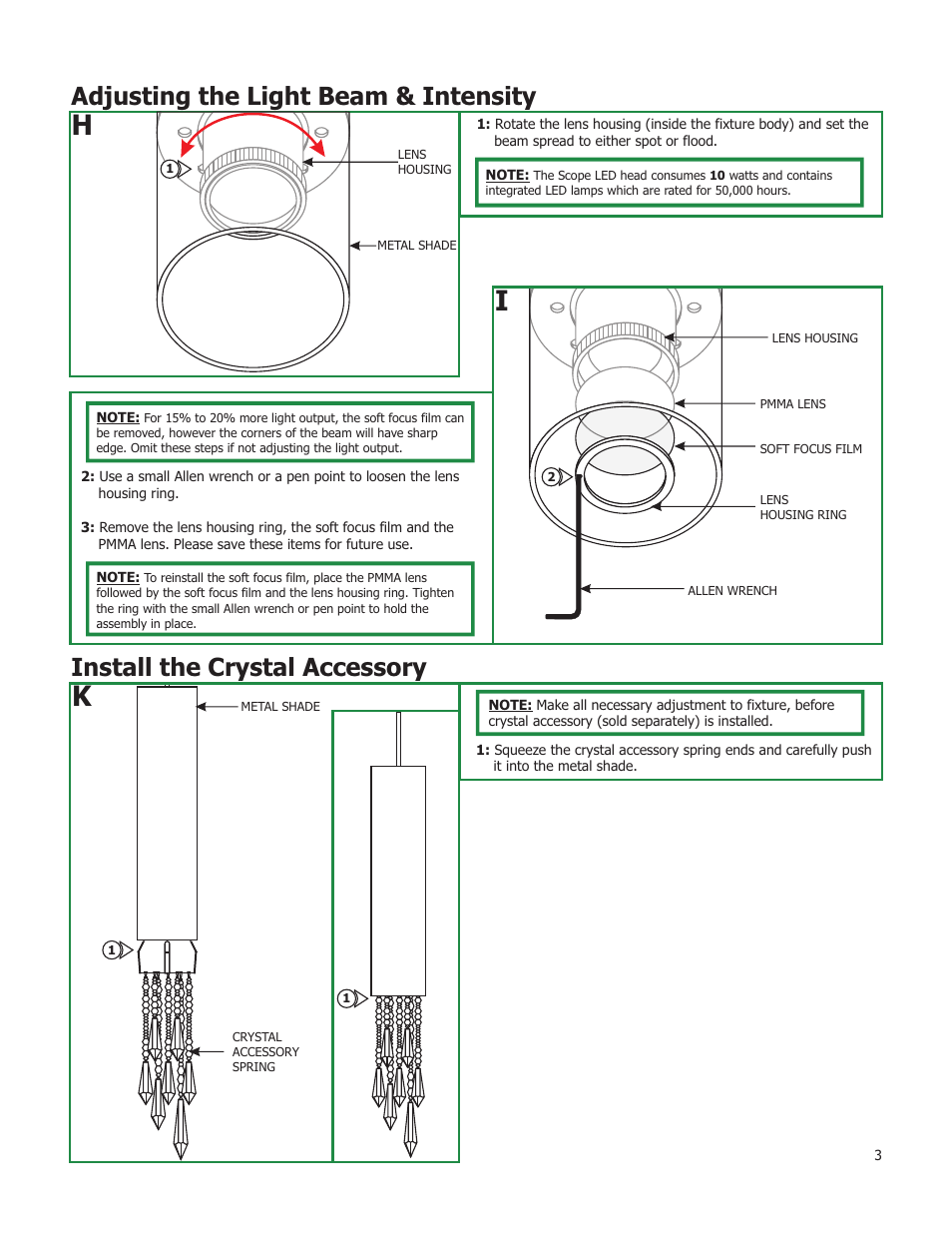 Adjusting the light beam & intensity, Install the crystal accessory | Edge Lighting Scope LED Pendant User Manual | Page 3 / 3