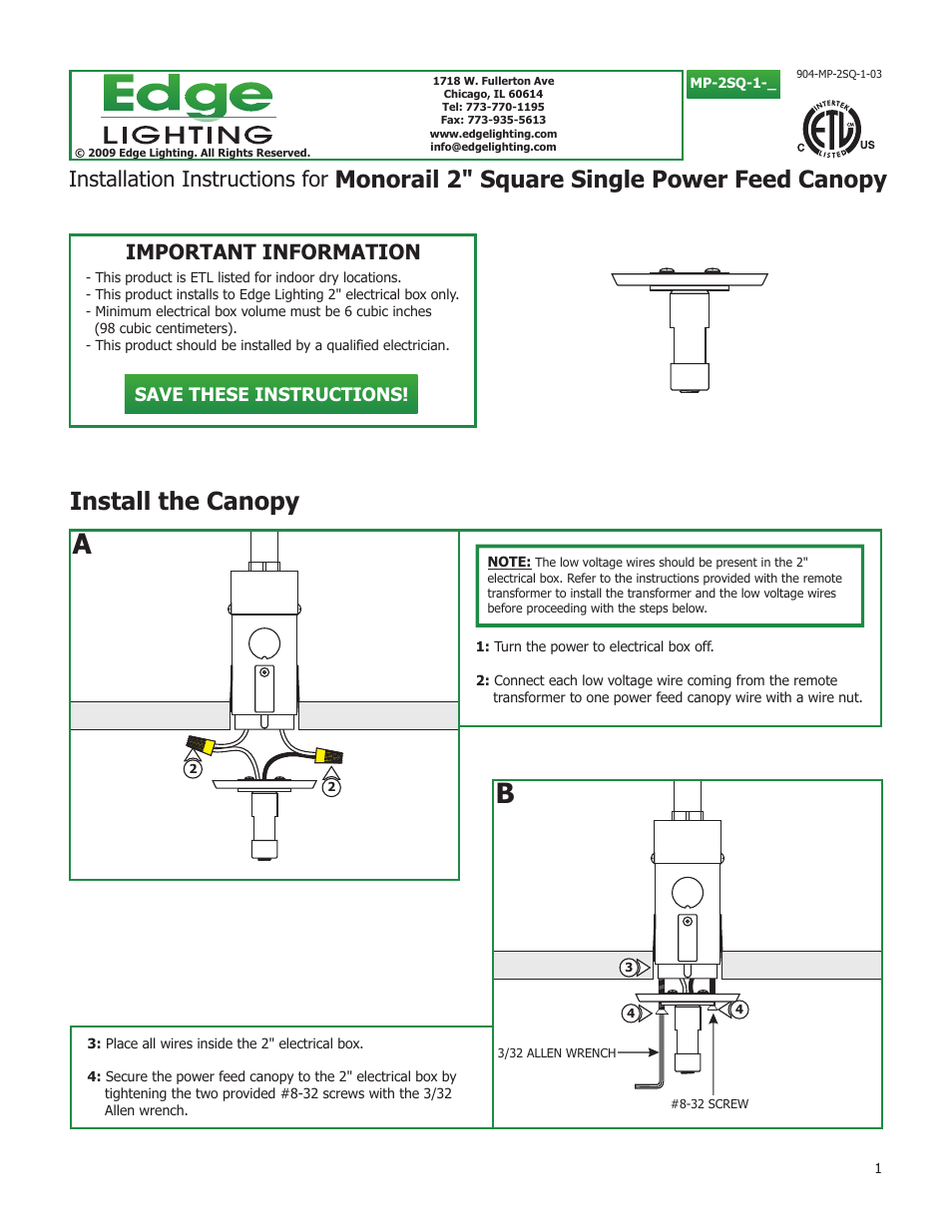 Edge Lighting 2" Power Feed Canopies User Manual | 2 pages