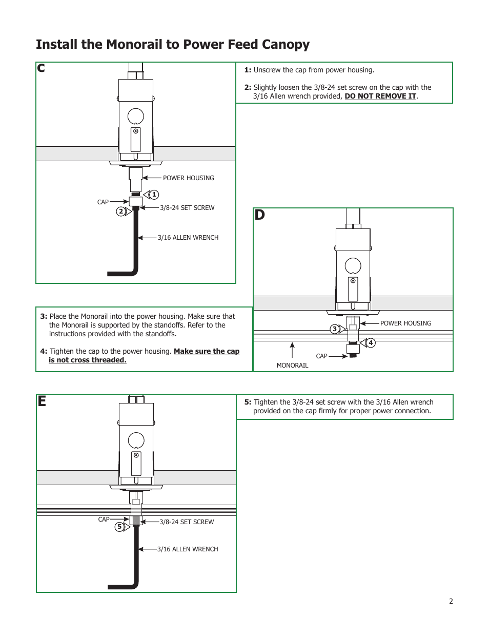 Install the monorail to power feed canopy | Edge Lighting 2" Power Feed Canopies User Manual | Page 2 / 2