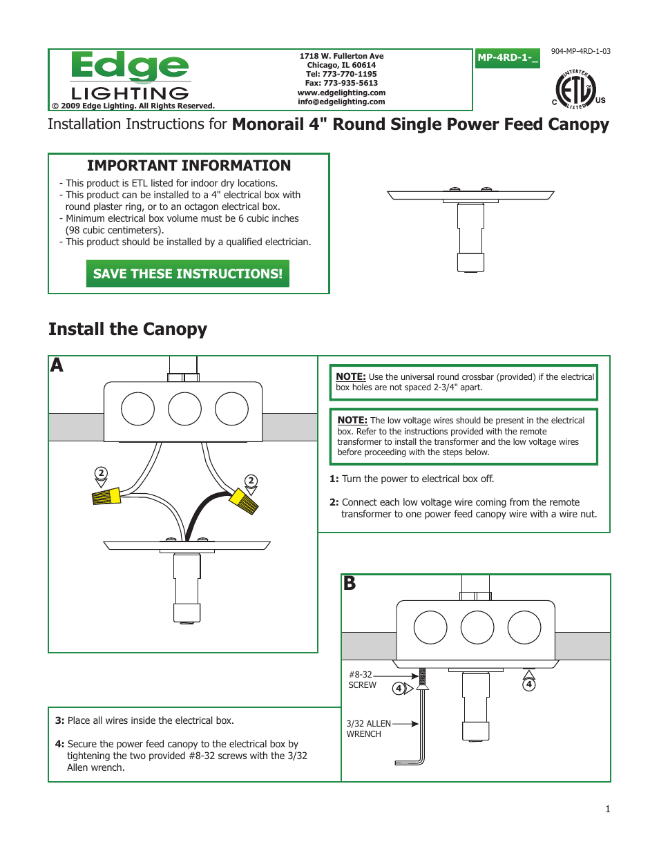 Edge Lighting 4" Power Feed Canopies User Manual | 2 pages