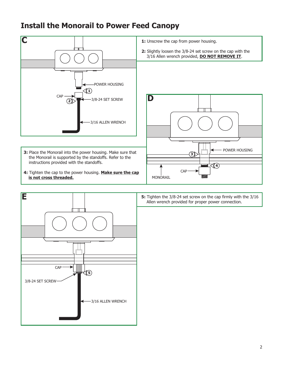 Install the monorail to power feed canopy | Edge Lighting 4" Power Feed Canopies User Manual | Page 2 / 2