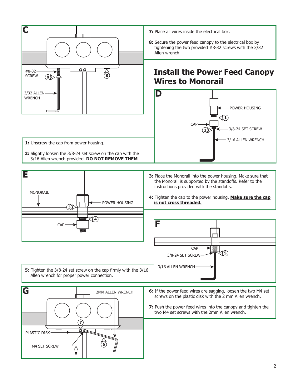Install the power feed canopy wires to monorail | Edge Lighting 4" Round Adjustable Power Feed Canopies User Manual | Page 2 / 2