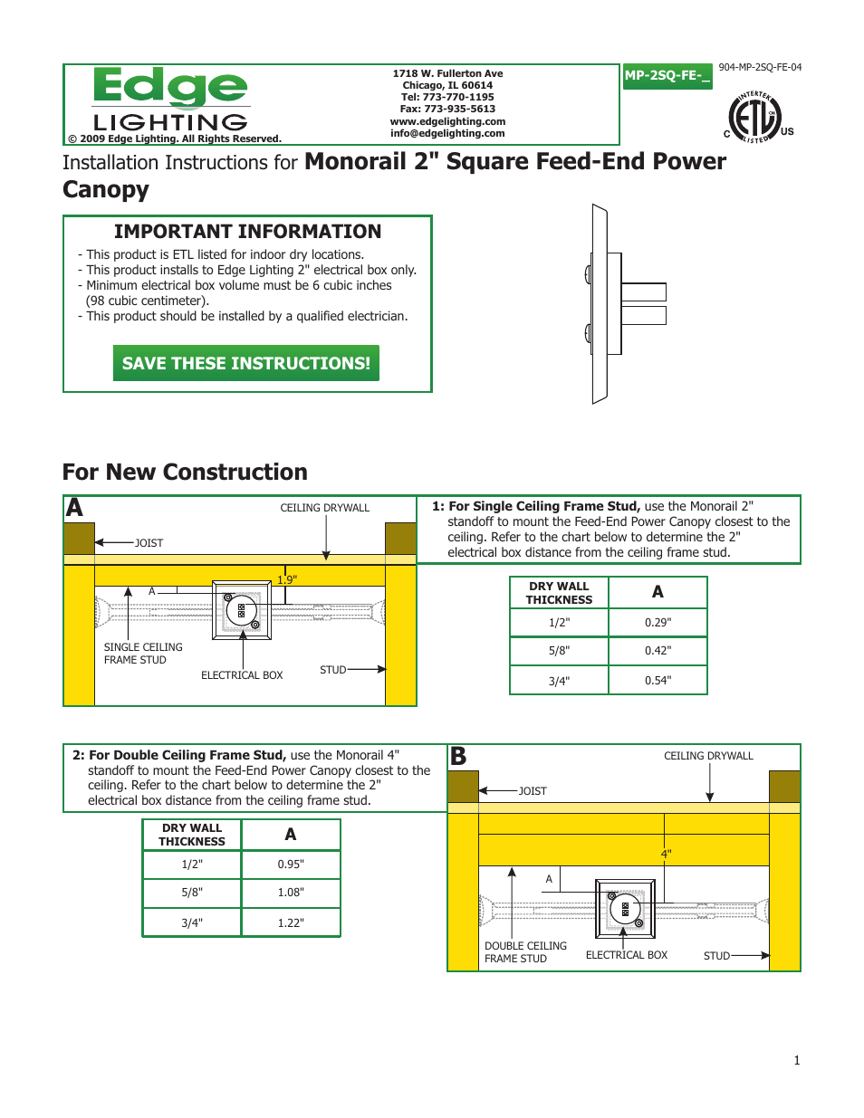 Edge Lighting Direct-End Power Feed Canopies User Manual | 2 pages
