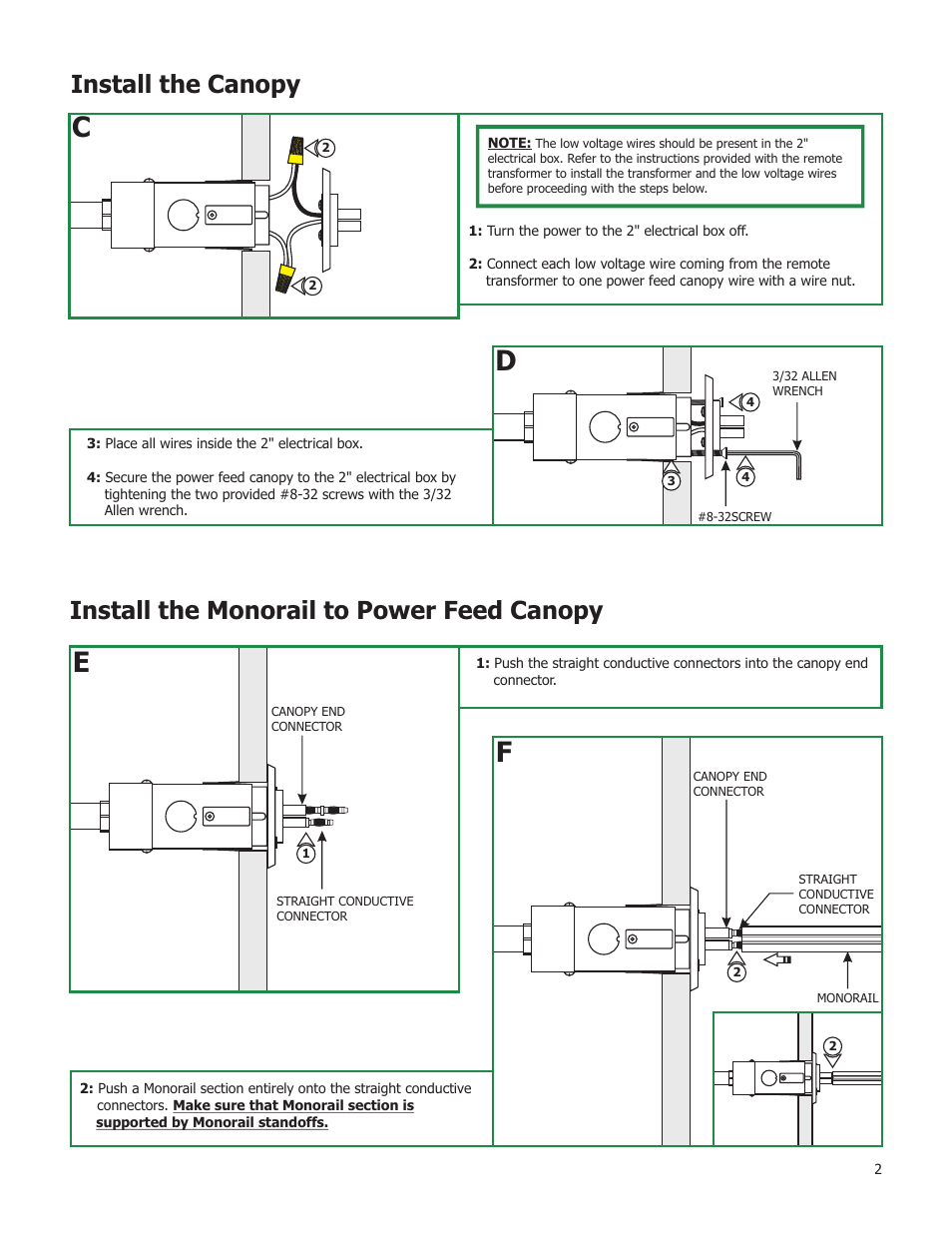 Install the monorail to power feed canopy, Install the canopy | Edge Lighting Direct-End Power Feed Canopies User Manual | Page 2 / 2