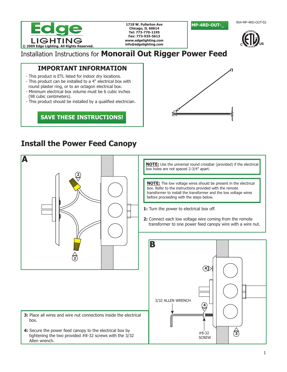 Edge Lighting Out-Riggers User Manual | 4 pages