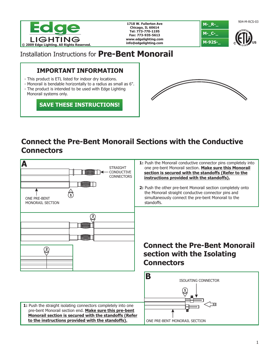 Edge Lighting Pre-Bent Monorail User Manual | 2 pages