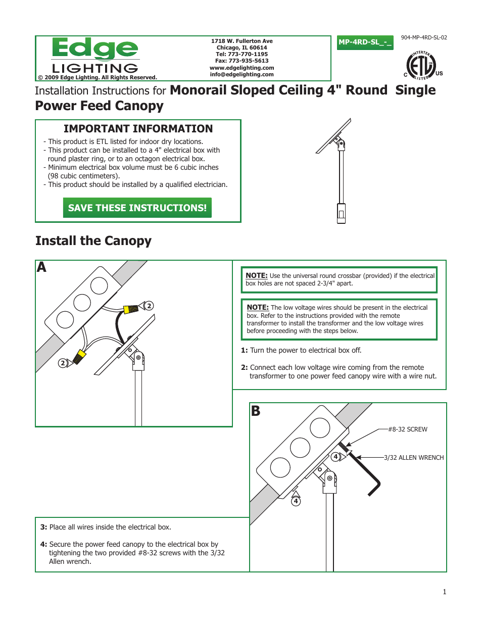 Edge Lighting Sloped Ceiling Power Feeds User Manual | 2 pages