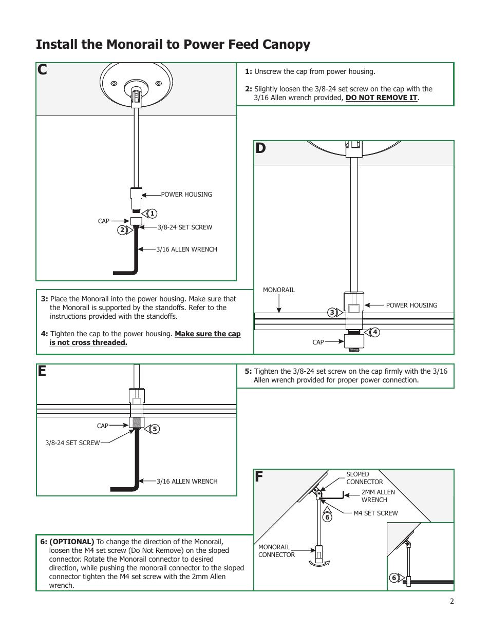 Install the monorail to power feed canopy | Edge Lighting Sloped Ceiling Power Feeds User Manual | Page 2 / 2